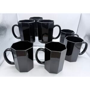 Vtg MCM Arcoroc French Octagon Glass Mugs Black Modern Retro Glam Unique Funky